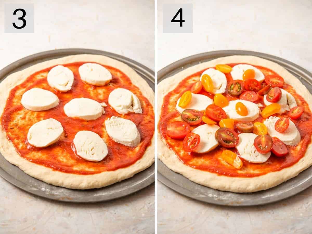 Two photos showing how to top a pizza with mozzarella and fresh tomatoes