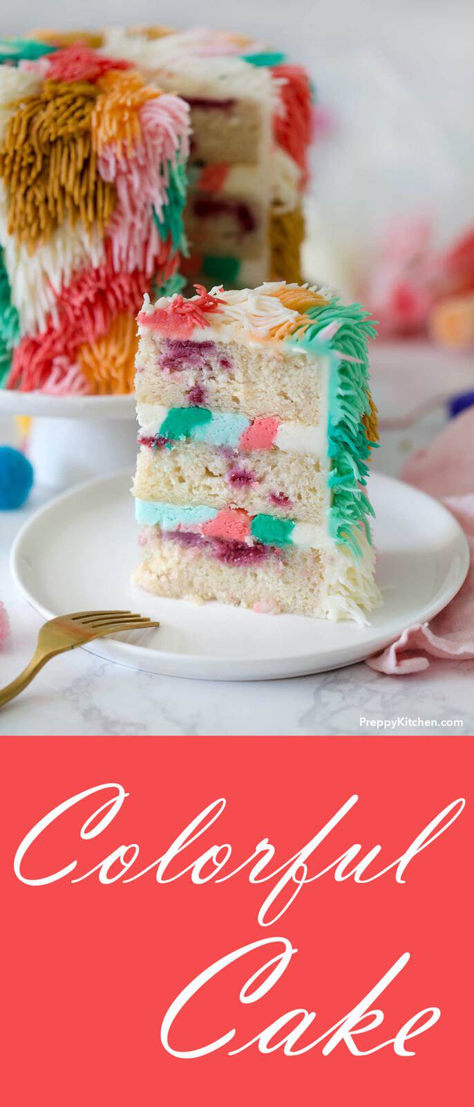 This ultra-moist vanilla cake is filled with fresh raspberries and covered in the perfect vanilla buttercream. It also just so happens to be sporting one of the most visually striking (and easy) decorating schemes I've tried out.