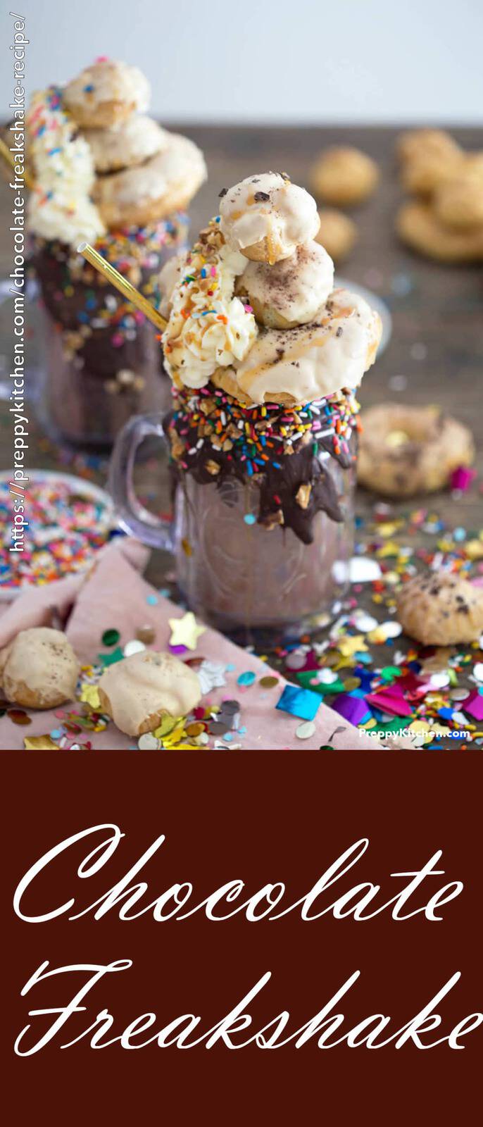 This over the top chocolate milkshake is topped with incredible Irish cream infused cream puffs, whipped cream, caramel, and sprinkles. The creampuffs on their own are a perfect treat but when coupled with the shake it's just pure decadence.