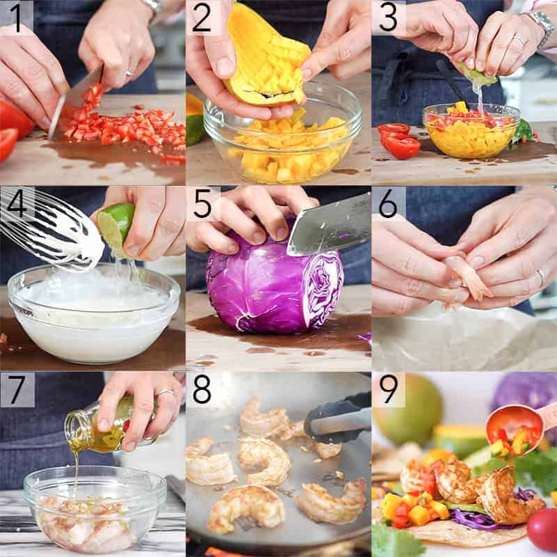 A photo collage of Shrimp Tacos being prepared.