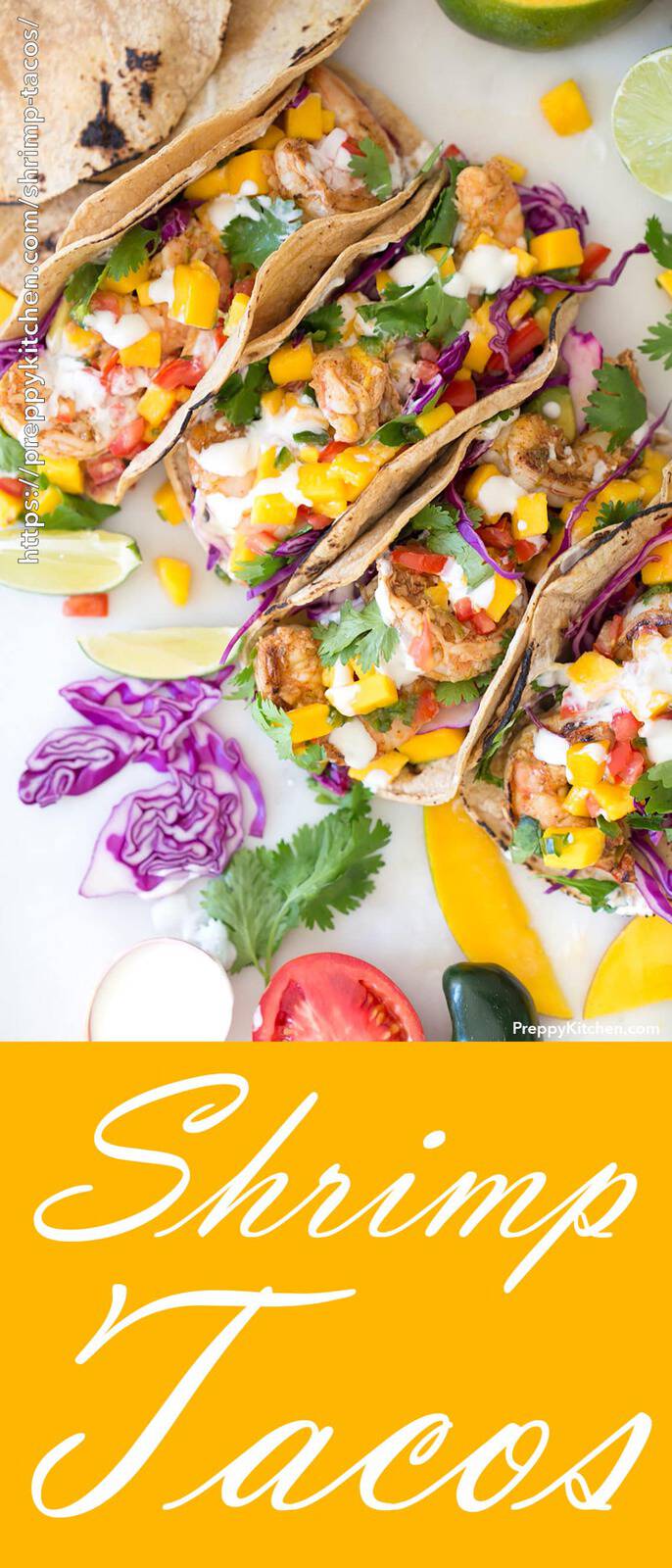 Pan seared marinated shrimp paired with a fresh mango salsa, avocado, and crema! These might just be the perfect seafood taco!