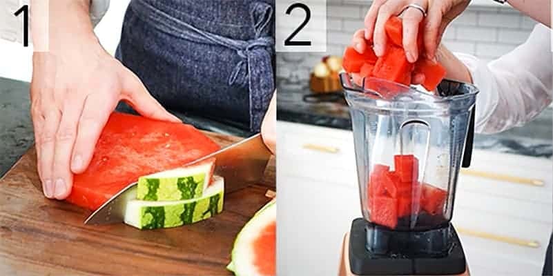 a watermelon being cut and placed in a blender