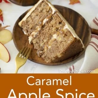 piece of three layer apple spice cake topped with caramel drizzle