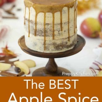 three layer apple spice cake topped with caramel drizzle