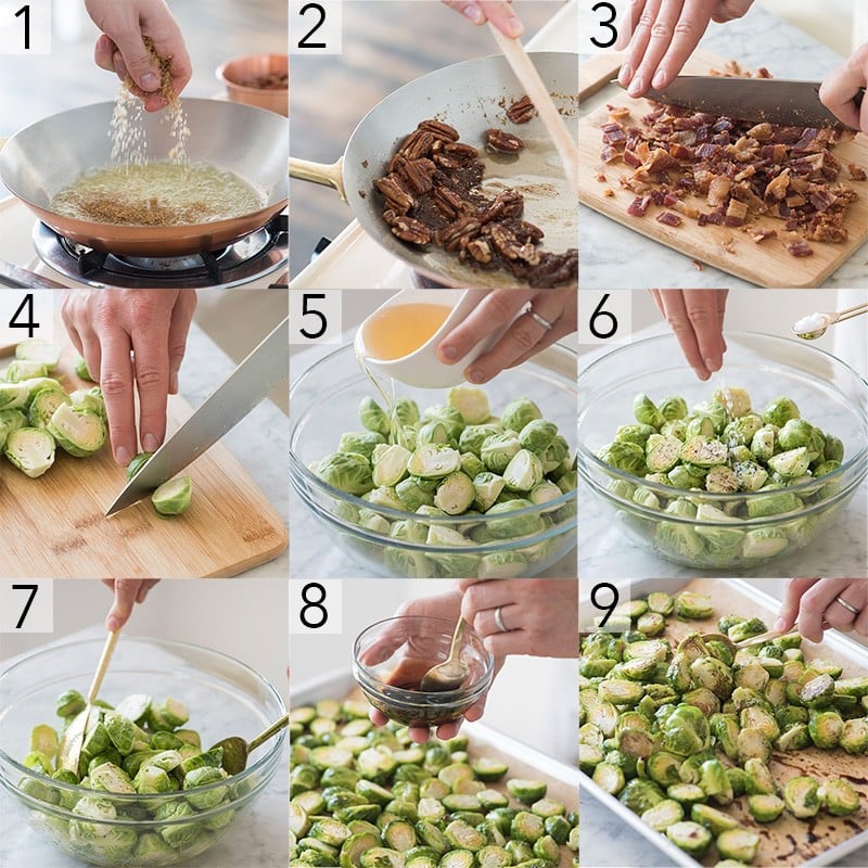 A photo containing steps on how to make Brussel sprouts with bacon and caramelized pecans.