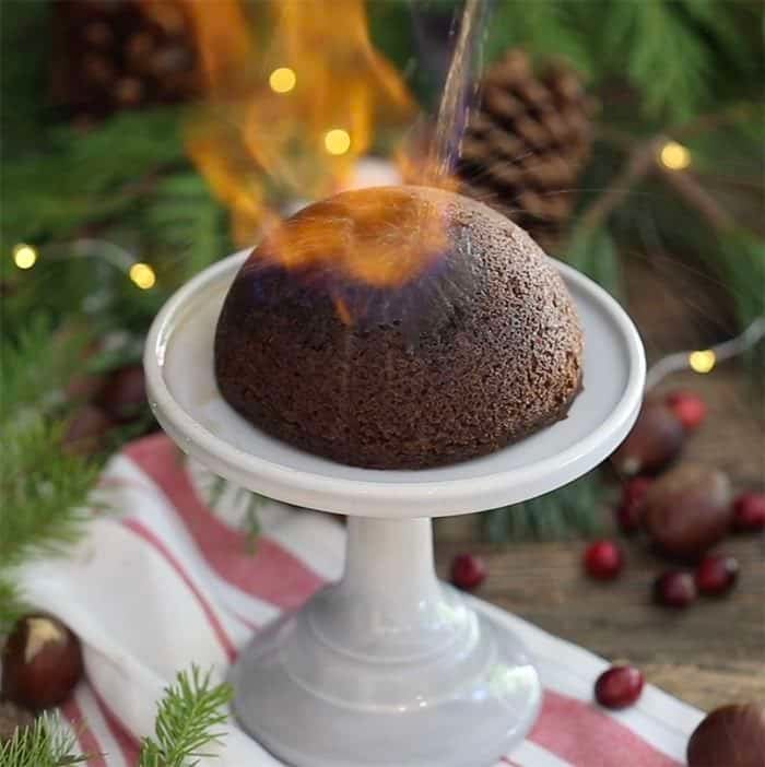 photo of Christmas pudding being flamed