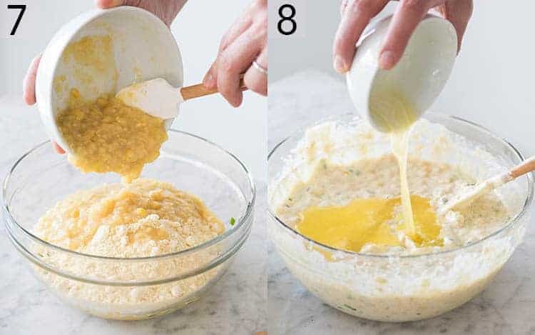 Two Photos showing creamed corn and butter being added to Cornbread pudding batter