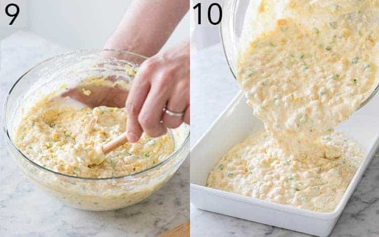 Two Photos showing Cornbread pudding batter being mixed and poured into a baking dish.