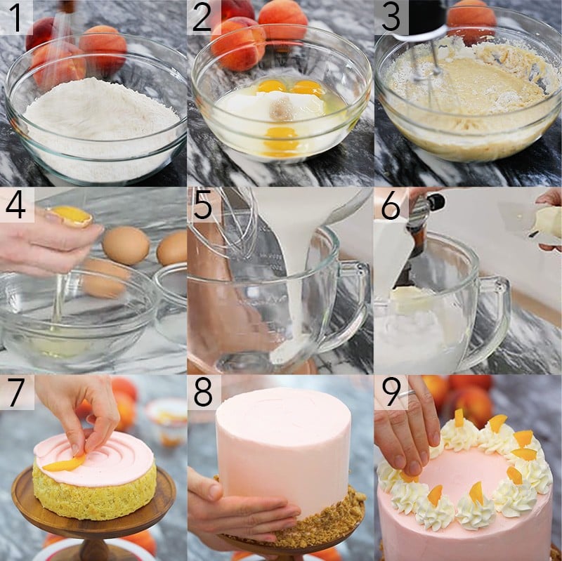 A photo showing steps on how to make a peach cake.