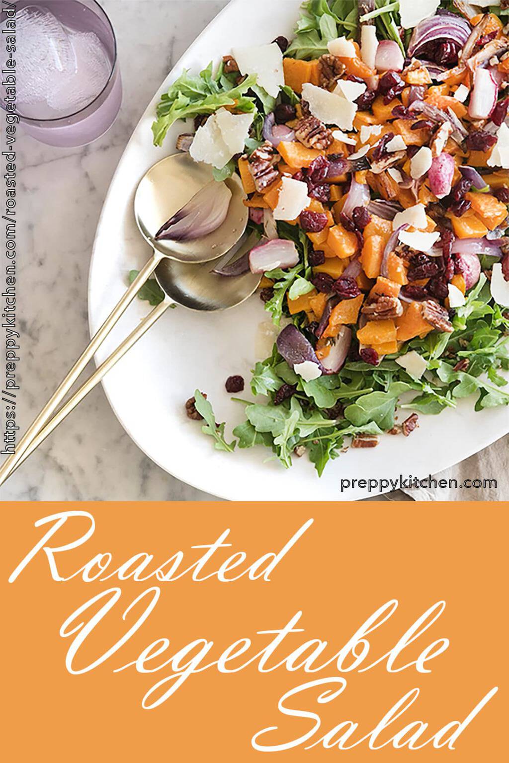 A delicious salad featuring roasted butternut squash, candied pecans, cranberries, pecorino and an amazingly easy but beyond flavorful dressing!