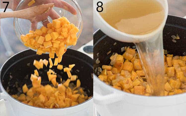 Two photos showing butternut squash cubed being cooked in broth.