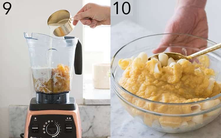 Two photos showing butternut squash and milk getting blended.