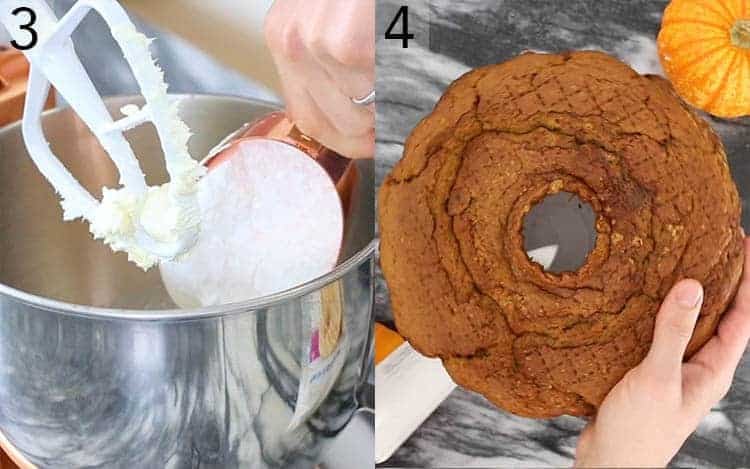 Two photos showing buttercream being made and pumpkin bundt cake getting trimmed with a large knife.