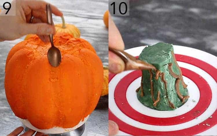 Two photos showing an orange pumpkin bundt cake getting smoothed and a stem being made.