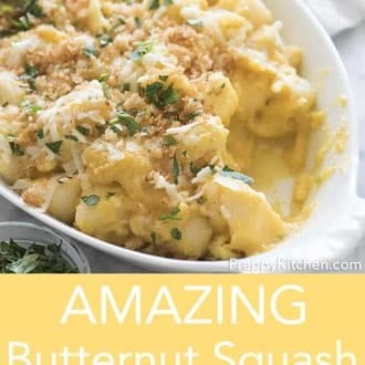 butternut squash mac and cheese in a white serving dish