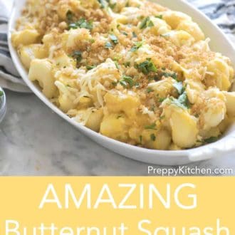 butternut squash mac and cheese in a white serving dish