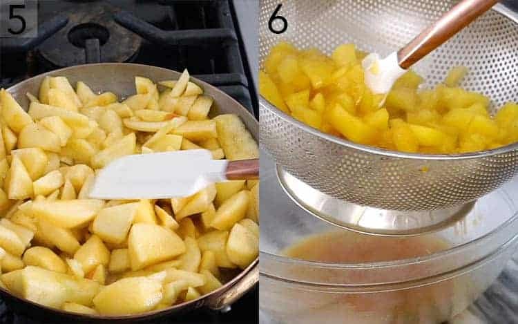 Pieces of apple in a pan getting cooked then drained.