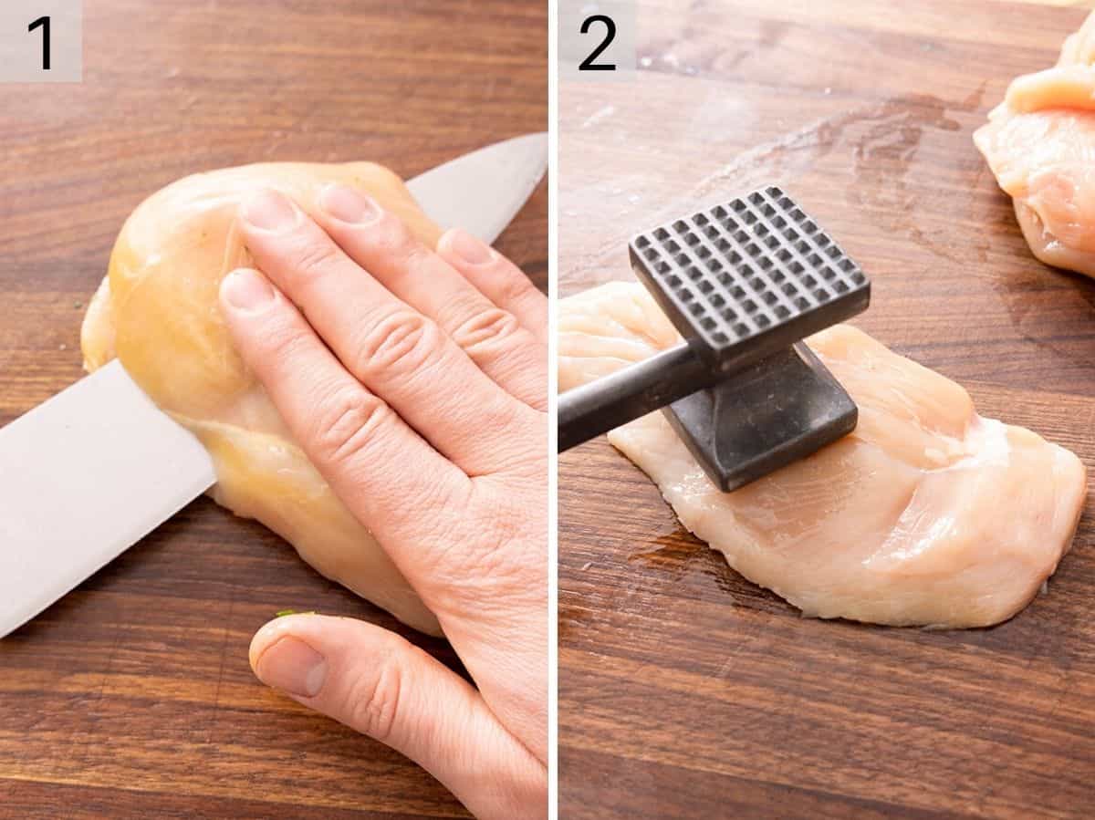 Two photos showing how to cut and bash chicken thinly