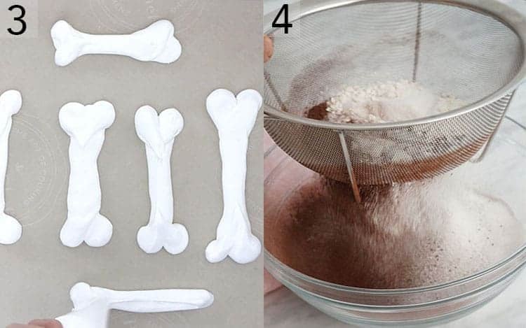 two photos showing meringue boned being piped and dry cake ingredients being sifted.