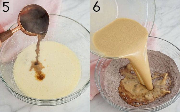 two photos showing Chocolate cake batter being made.