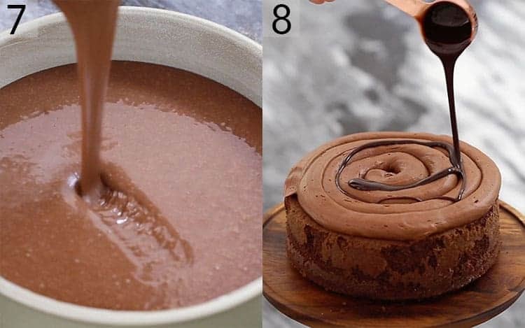 two photos showing a chocolate cake getting assembled.