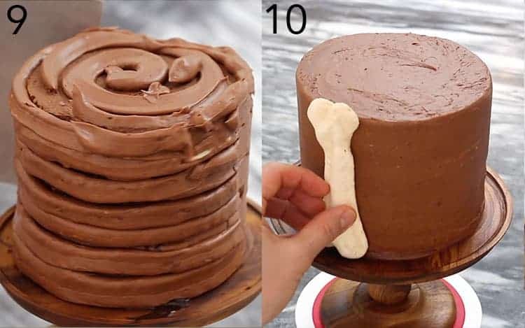 two photos showing a chocolate cake being smoothed and decorated with meringue bones.