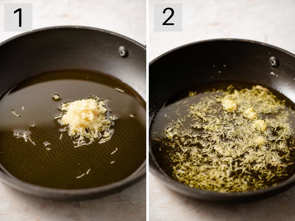 Two photos showing how to make a garlic oil