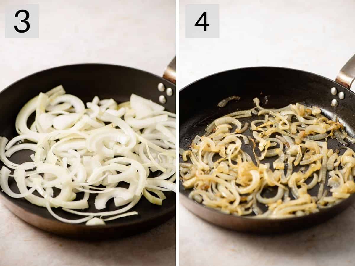 Two photos showing before and after sautéing onions