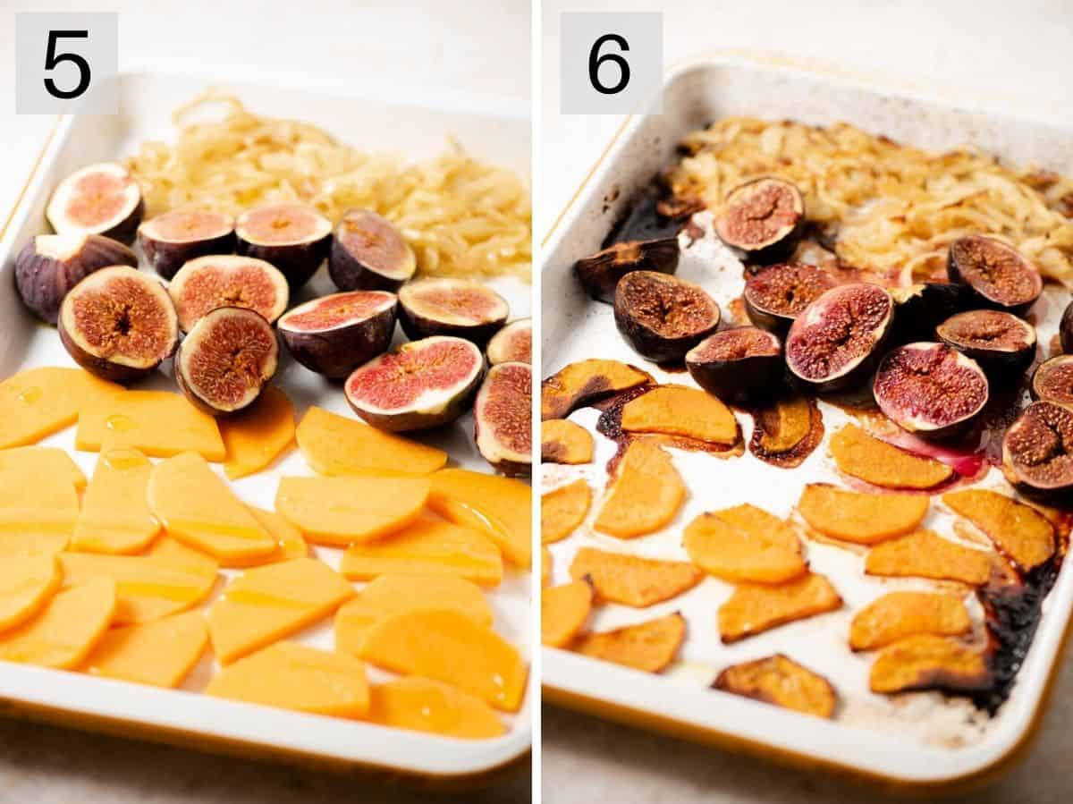 Two photos showing figs, squash and onions before and after roasting