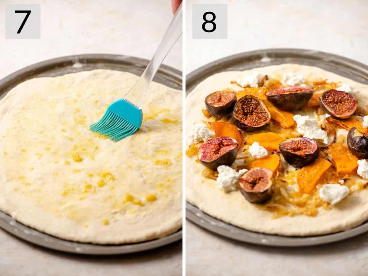 Two photos showing how to top a pizza fall inspired toppings