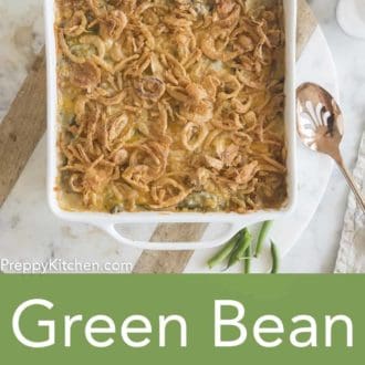 green bean casserole in a white casserole dish