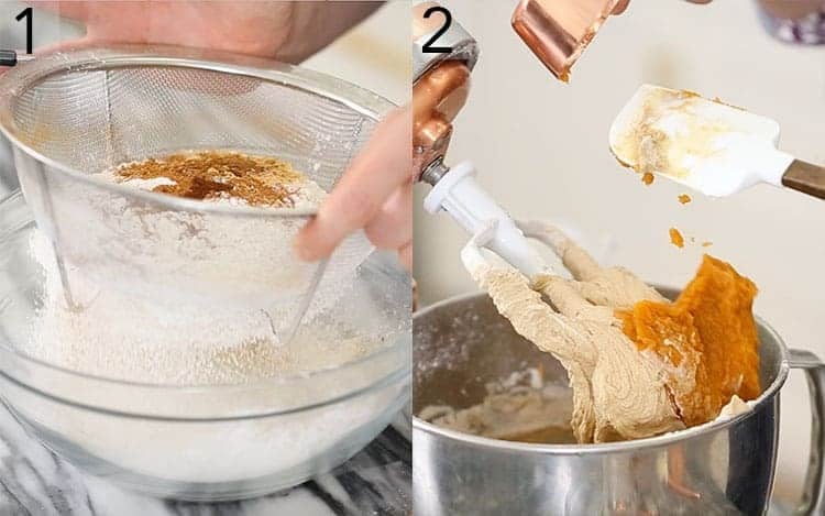 Two photos showing the batter for pumpkin bundt cakes being made in a copper stand mixer