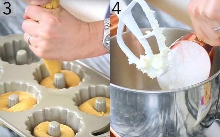 Two photos showing pumpkin bundt cake batter getting piped into a baking tin and buttercream being made.