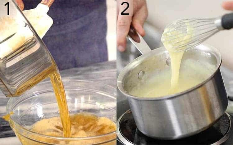 Two photos showing butter being browned and vanilla pudding in a pot.