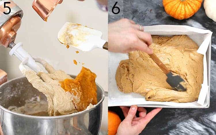 Pumpkin batted being mixed in a stand mixer and transferred to a sheet pan.