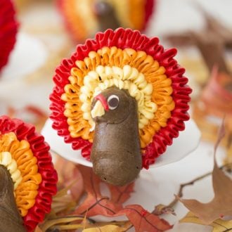 A photo of a chocolate cupcake with a buttercream turkey on top