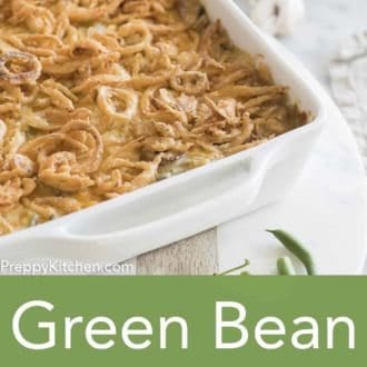 green bean casserole in a white casserole dish