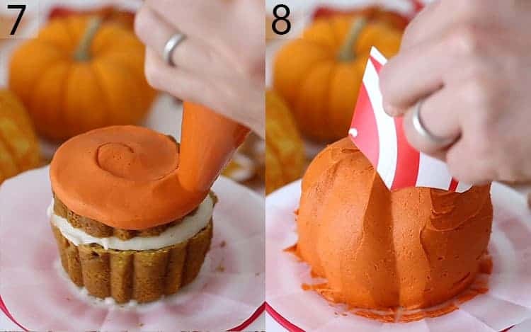 Two photos showing pumpkin bundt cakes being covered in orange buttercream and shaped