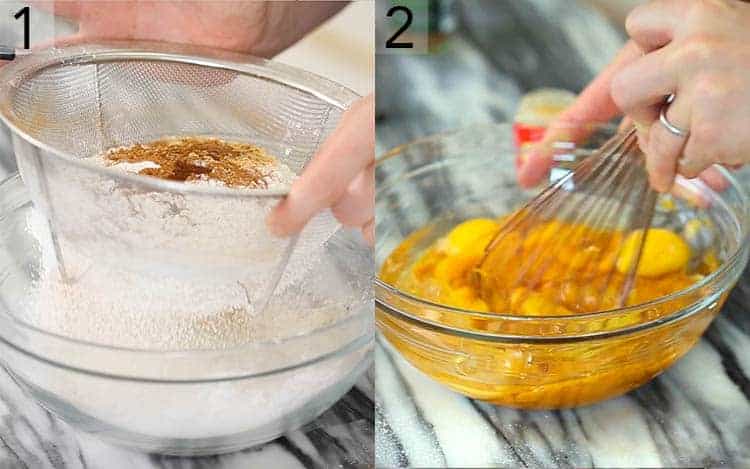 two photos showing pumpkin cake batter ingredients being mixed.