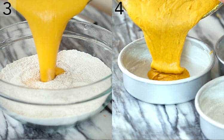 Pumpkin cake batter getting poured into cake pans.