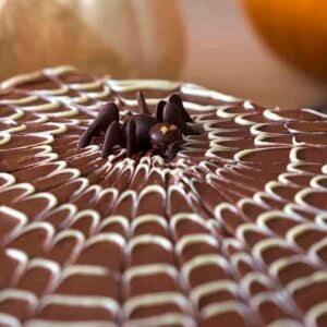 A chocolate spider sits on a chocolate spider web covered sheet cake
