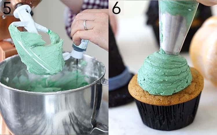 Green buttercream getting made and piped onto cupcakes.