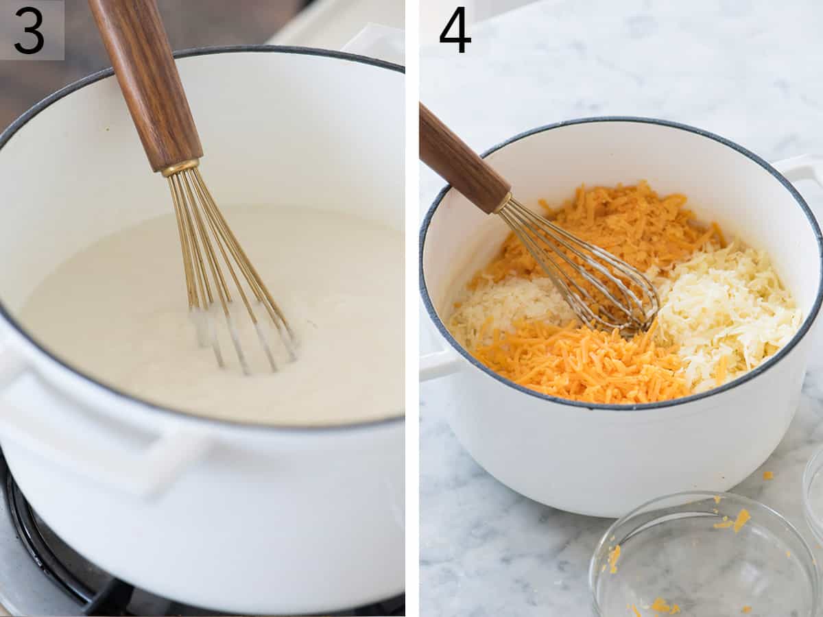 Cheese mixing into a sauce for mac and cheese.