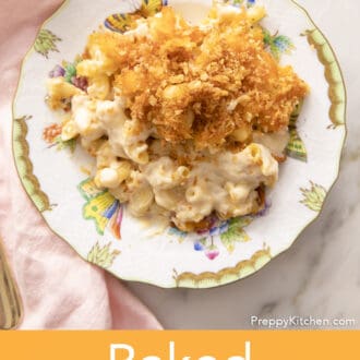 Baked mac and cheese with toasted breadcrumbs on a plate.