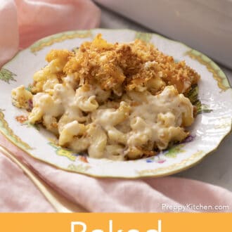 A plate of baked mac and cheese with toasted breadcrumbs.