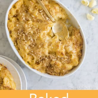 An oval dish with baked mac and cheese.