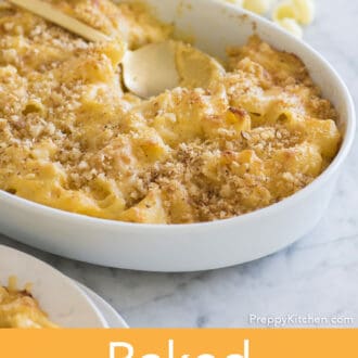 An oval, white baking dish with baked mac and cheese.