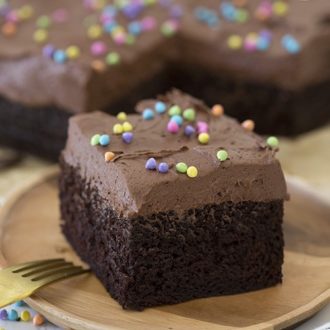 A photo of a tall square piece on chocolate sheet cake topped with chocolate buttercream and sprinkles