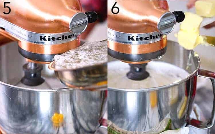 Two photos showing Italian meringue buttercream being made in a stand mixer.