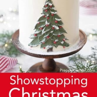 three layer christmas cake with hand painted buttercream christmas tree decoration